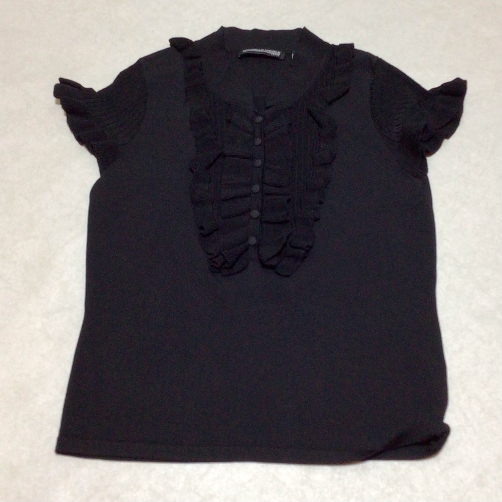 Michelle Nicole Black Short Sleeve Ruffled Shirt, Size Petite Medium - Picture 5 of 9